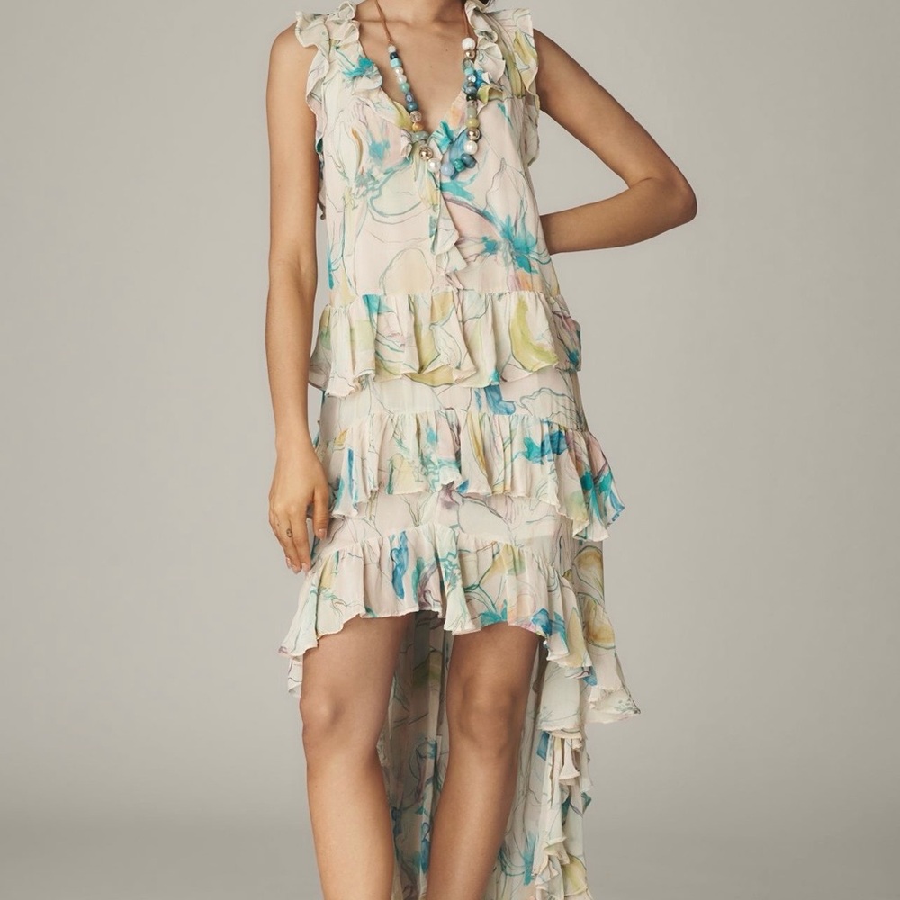 Maeve V neck Floral Ruffle High-Low Dress